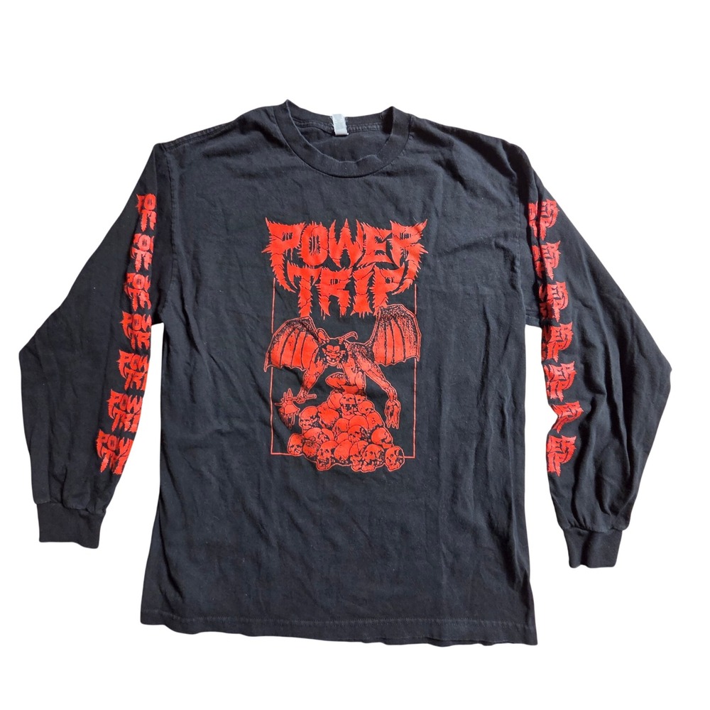 Power Trip Band Gargoyle Demon Skulls Graphic Long Sleeve Shirt L Punk Metal